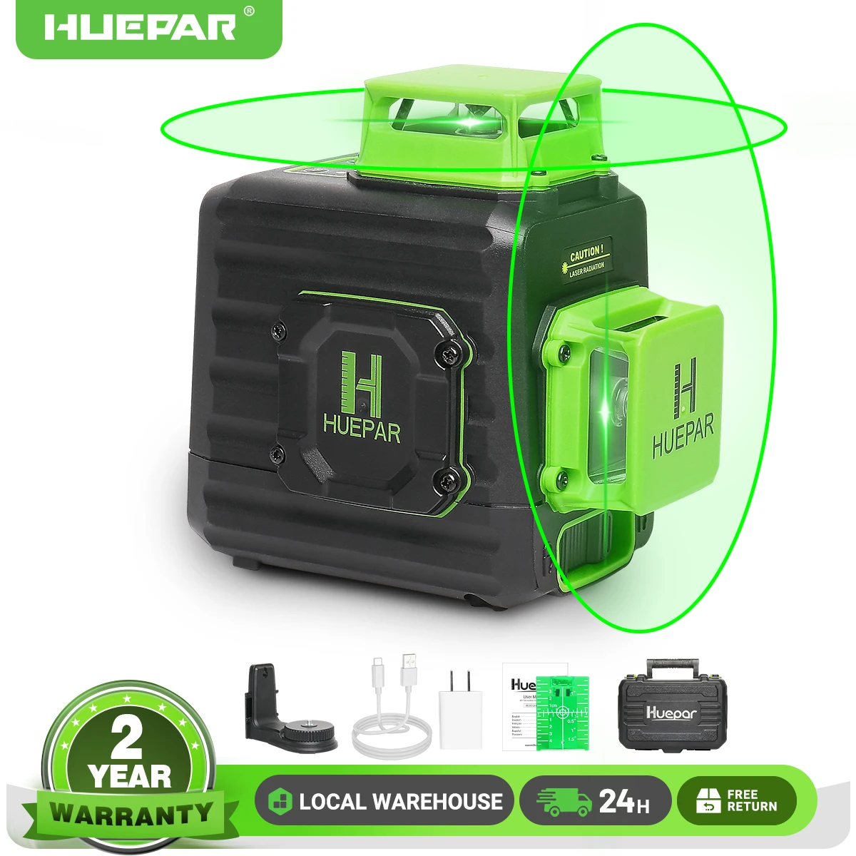 Huepar 2D 8 Lines Laser Level Cross Line Green Beam Laser Self-leveling Horizontal Vertical with Li-ion Battery Hard Carry Case