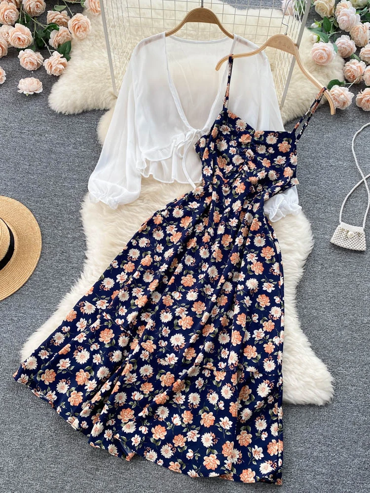 女性の夏の花のドレス,休暇のスタイル,シフォンの日焼け止めシャツ,一時停止されたドレス,人気の2ピースセット