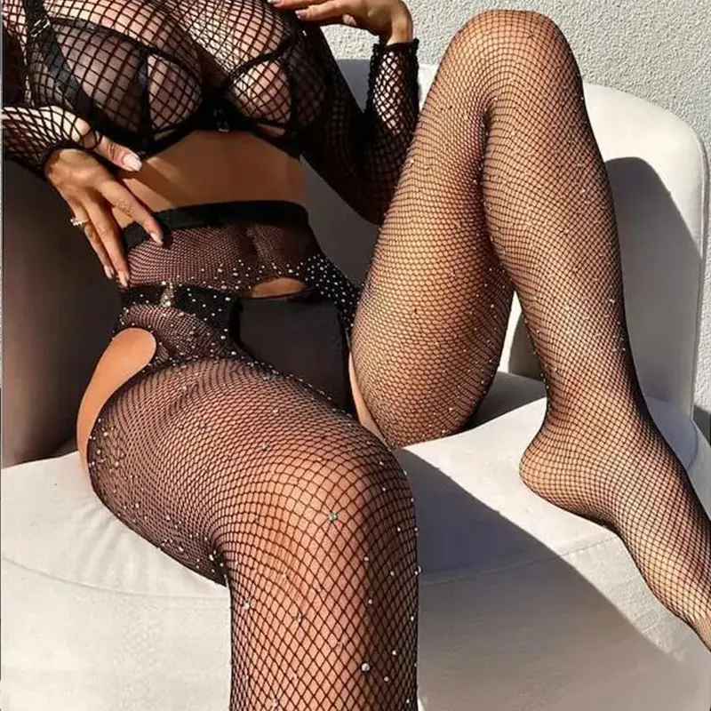 Sexy Open Crotch Netting Pantyhose with Rhinestone Women Lingerie Black Crotchless Mesh Fishnet Stocking Tight