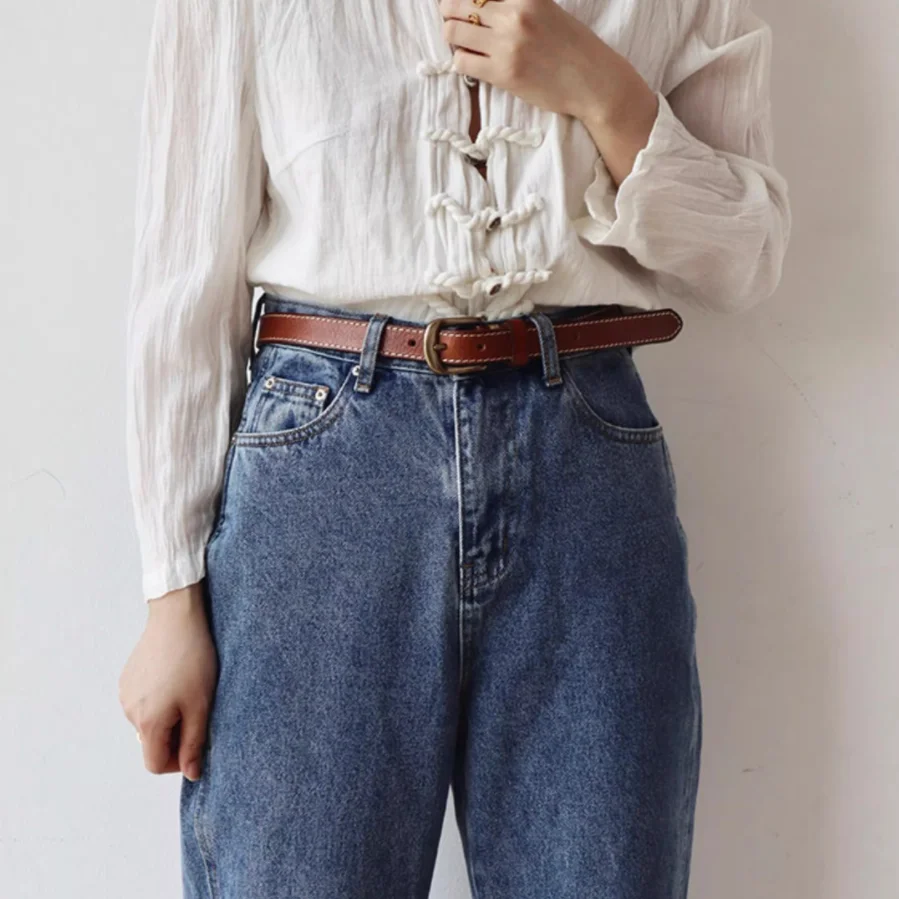 Vintage Top Layer Leather Belt for Women Genuine Leather Jeans Belt with Brass Buckle Pin Buckle Adjustable Versatile Waist Belt