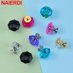 NAIERDI 10 Pack Colorful Acrylic Diamond Cabinet Knobs 26mm Gold Kitchen Handles Crystal Furniture Handle Cupboard Door Pulls