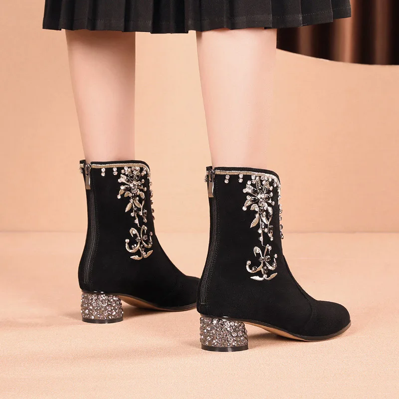 Phoentin Crystal Mid Heel Ankle boot Handmade Embroidery Ethnic Woman\'s winter Boot Kid Suede black shoes plus size 43 FT2006