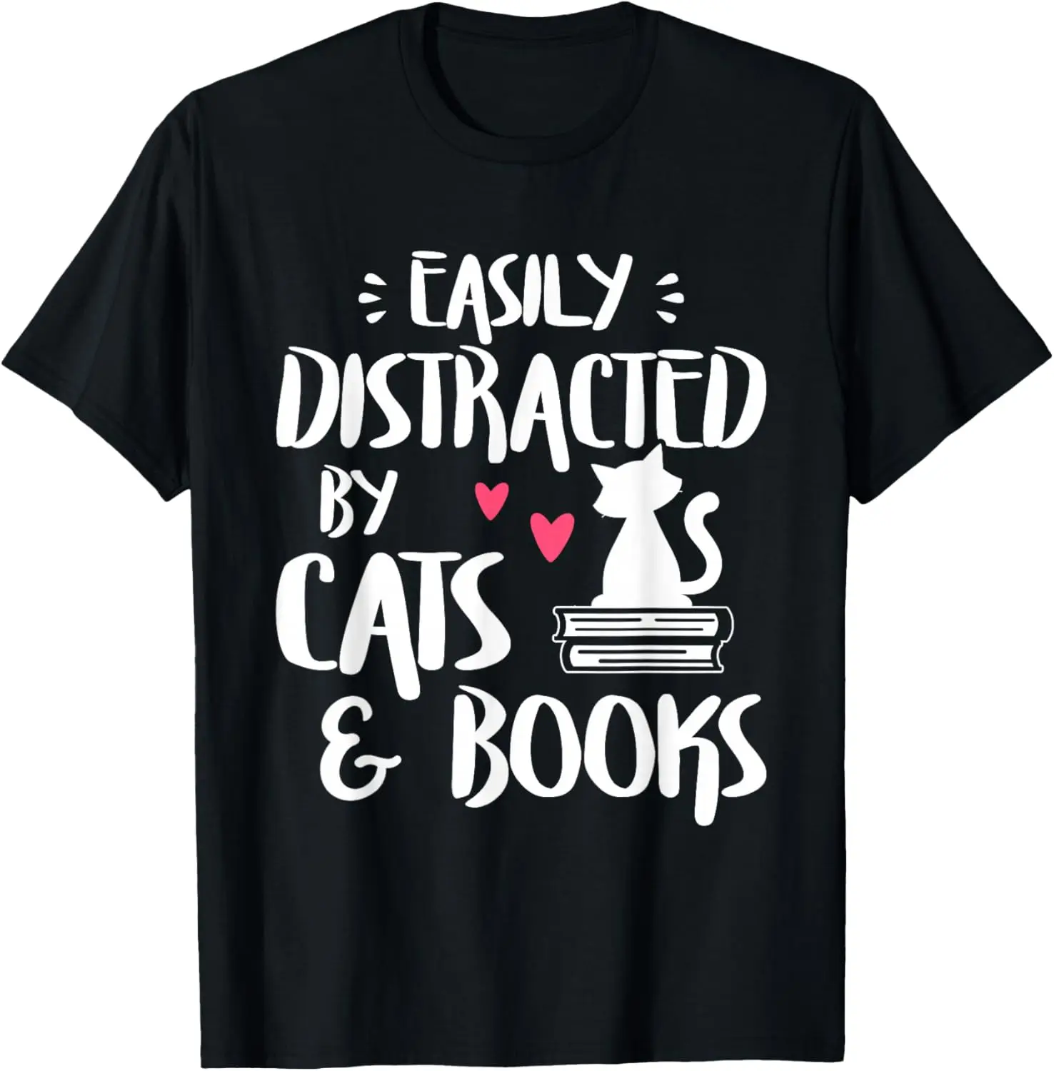Easily Distracted By Cats And Books - Cat Book Lover,Short Sleeve T-Shirt 100% Cotton Trendy Y2K Short-Sleeve Tee – Soft,