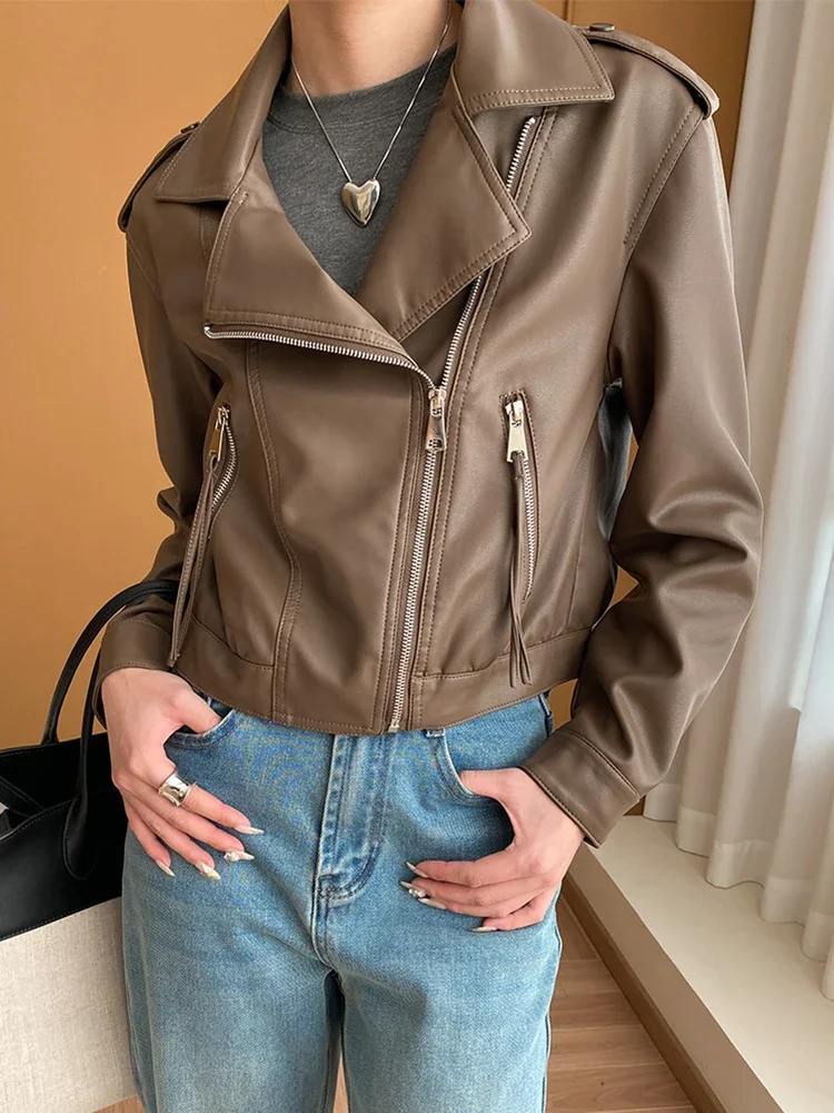 Simple Solid Faux Leather Motorcycle Jackets for Women 2024 New Casual Slim-fit Zipper Short Leather Jacket Spring Autumn