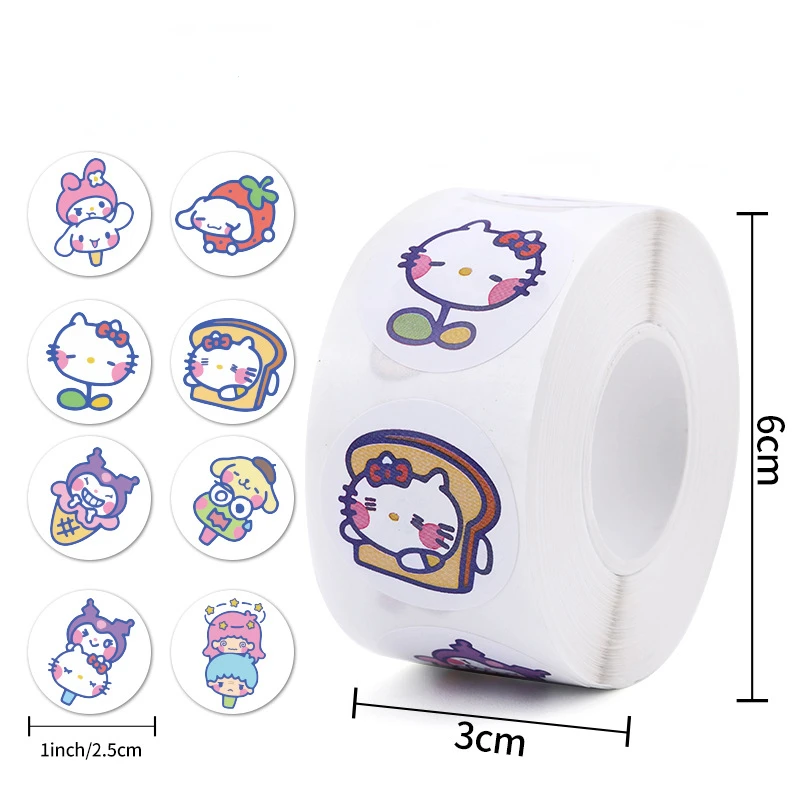 500PCS/Rolls Anime Kawaii Sanrio Stationery Stickers Melody Hello Kitty Emoticon Seal DIY Material Cute Children Reward Sticker