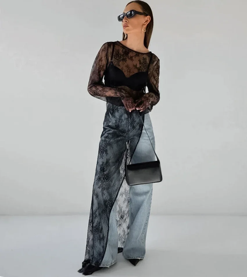 Fashion Perspective Sexy Long Blouses O-Neck Women Long Sleeve Irregular Lace Pullover Tops High Street Female 2024