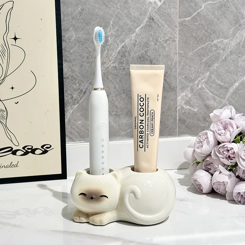 Siamese Cat Toothbrush Holder Ceramic Bathroom Organizer Luxury Minimalist Design