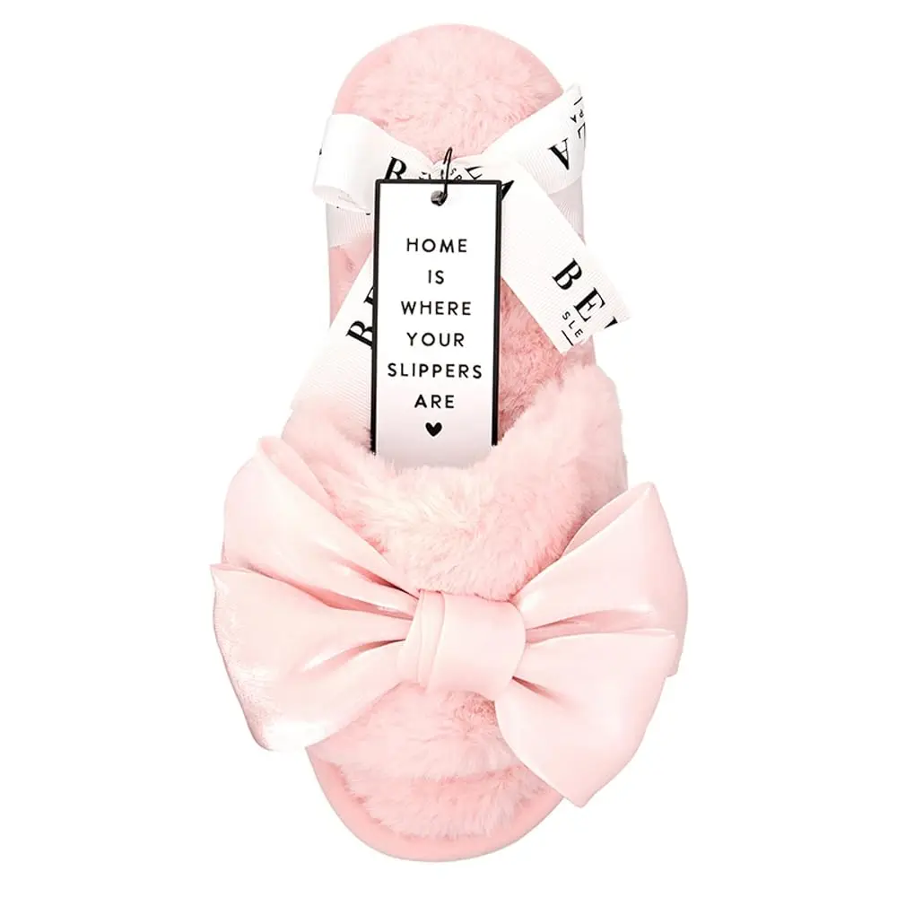 

Women’s Plush Open-Toe Slippers - Fuzzy House Slides with Large Velvet Bow
