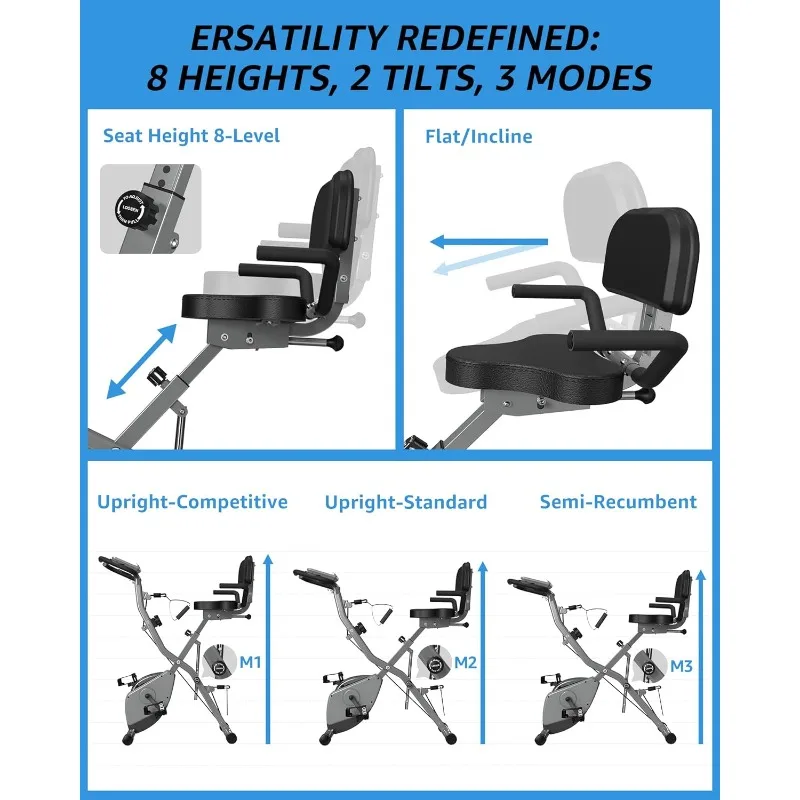 دراجة تمرين داخلية لكبار السن، دراجة ثابتة 5 في 1 قابلة للطي مع مقاومة مغناطيسية 16 مستوىًا وركوب ثلاثي المواضع