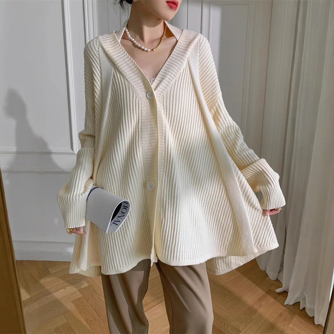 Knitted Cardigan Sweaters Women Solid Jumpers Halter Neck Long Sleeves Single Breasted Loose Fit Thick Casual 2025 Autumn Winter