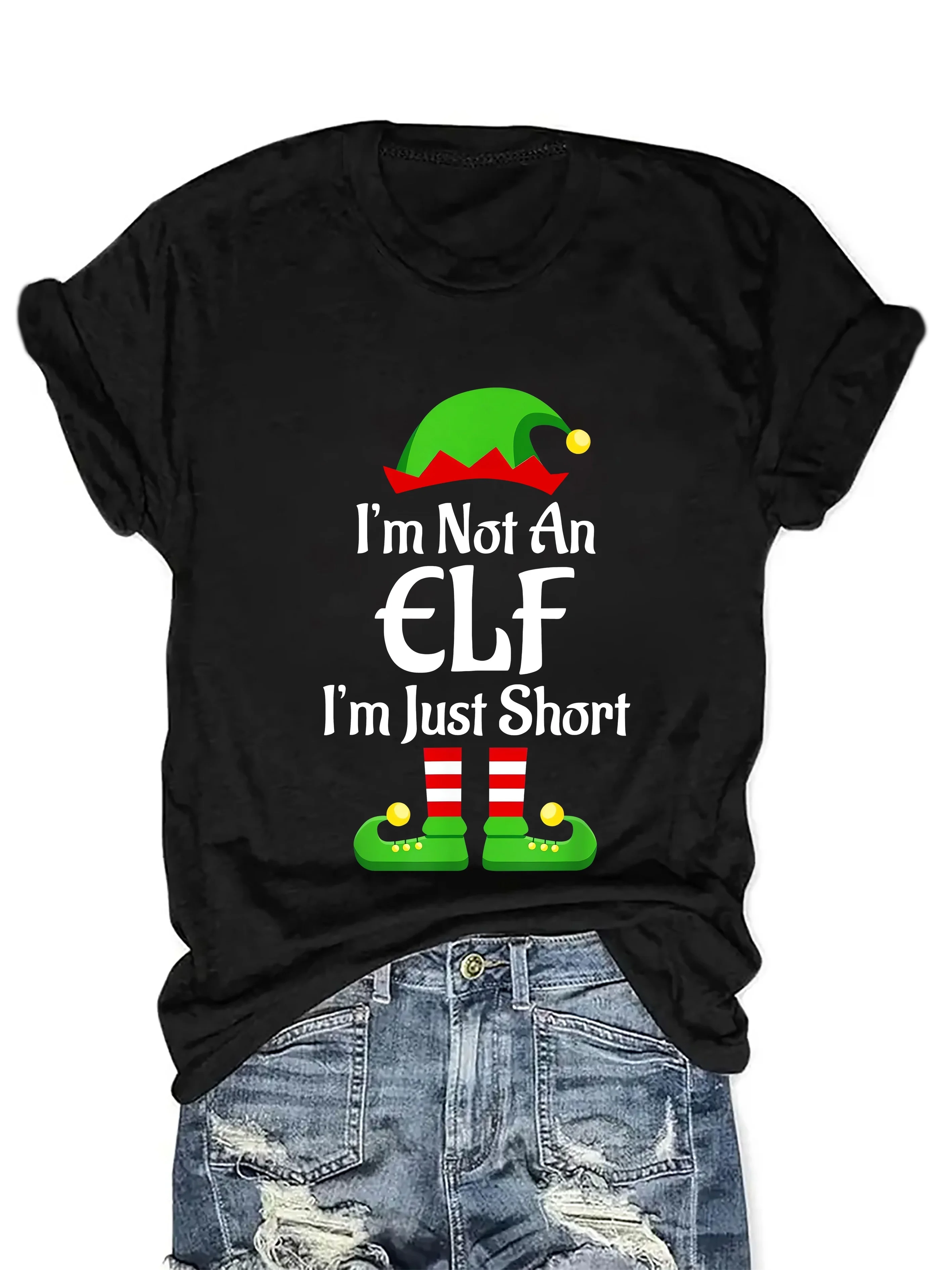 Festive Elf Graphic T-Shirt for Women Casual Round Neck Christmas Themed Short Sleeve Top Fashion Harajuku Kawaii Y2K Clothing