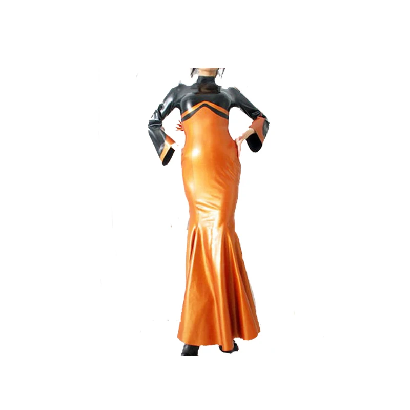 

Latex Rubber Women Masquerade Pagoda Sleeve Handsome Orange and Black Long Dress Size XS-XXL