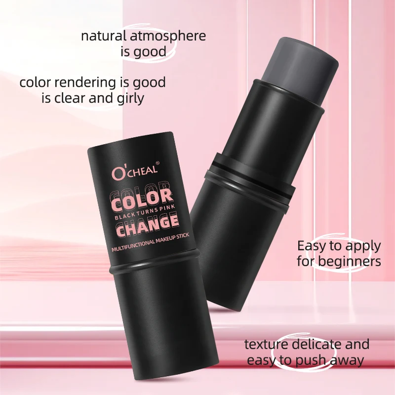 O'CHEAL Color Changing Makeup Stick 3‑In‑1 Lips Eyes Blush Black Turns Pink Multifunctional Cosmetic Stick Easy To Blend