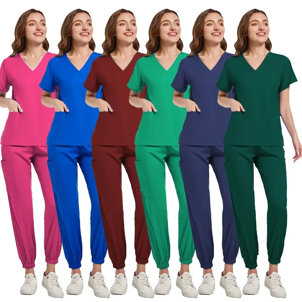 Nurse Uniforms Woman Short Sleeve V Neck Top Scrubs Jogger Pants Medical Scrubs Set Women Summer Casual Uniformes Clinicos Mujer