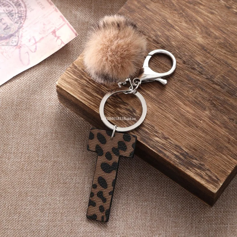Fashion Leopard English Alphabet Artificial Leather Keychain Exquisite Letter Keyring Women Handbag Charms Accessories Gifts 장식