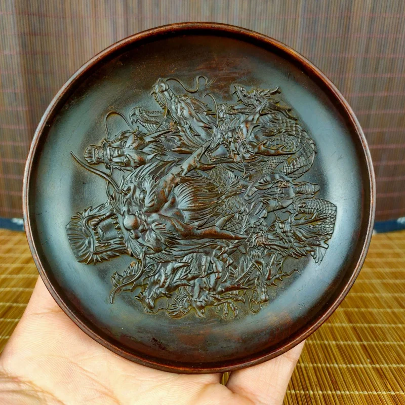 Antique Copper Nine Dragons Inkstone Tray Ornament for Study Room Office Tea Ceremony Decoration Double Dragon Tray Coaster