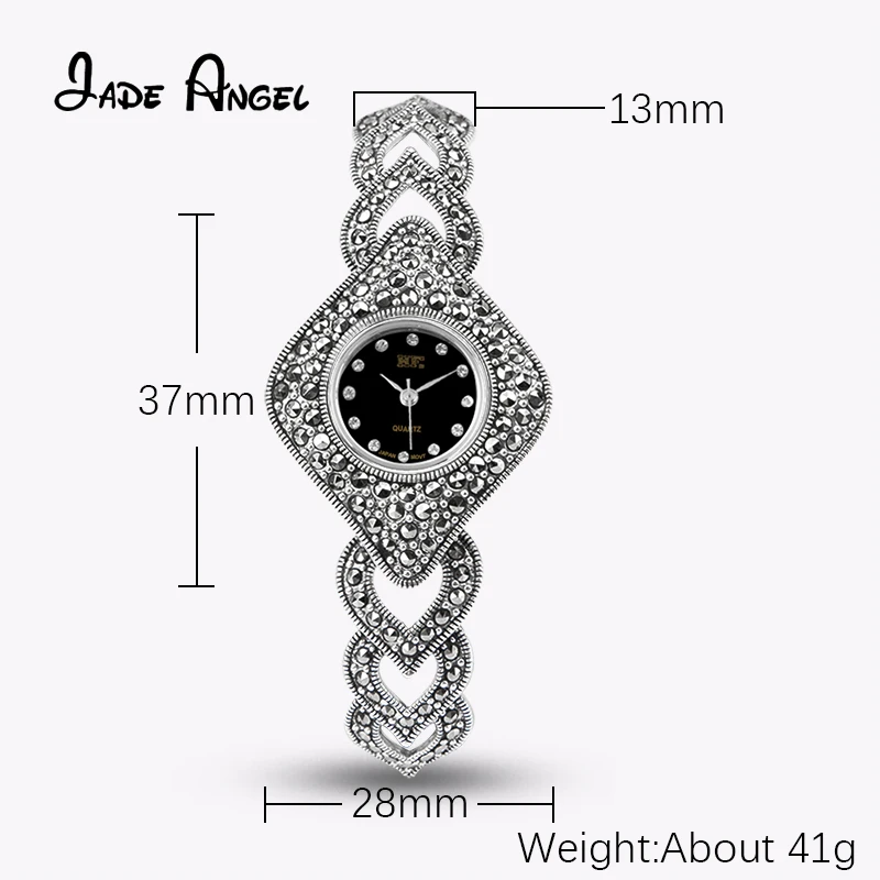 Jade Angel 925 Sterling Silver Marcasite Quartz Wristwatch Vintage Diamond-shaped Dial Watch Bracelet with 13mm Watch Strap