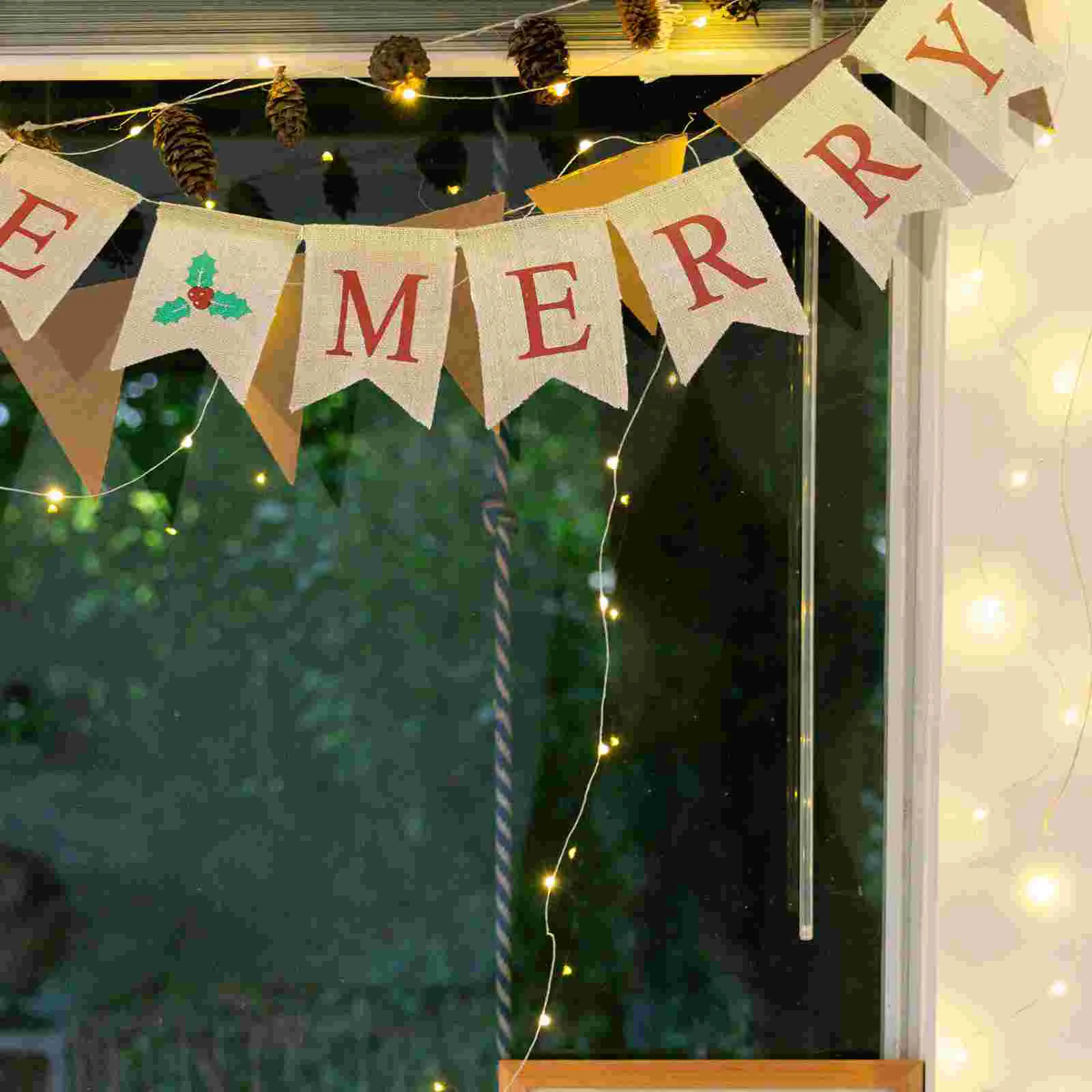 Letters Bunting Banner Decoration Christmas Fruit Pattern Linen Burlap Banner Swallowtail Pull Flag Party Supplies for