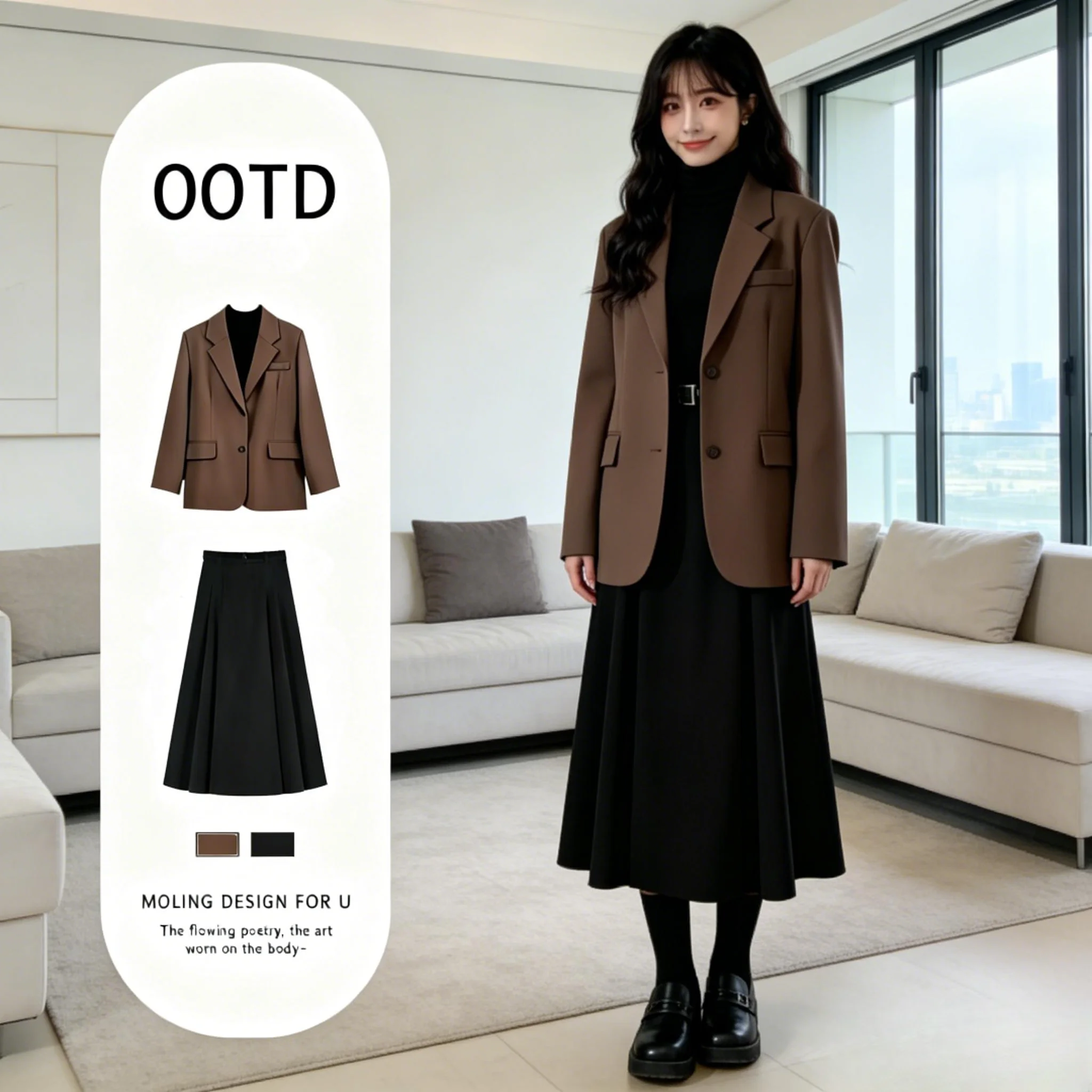 

Busin Commute Long Sve Suit Jaet Women's High Waist A-Line Midi Skirt Two-Piece Set Spring 2026 Ele Bla Workwear