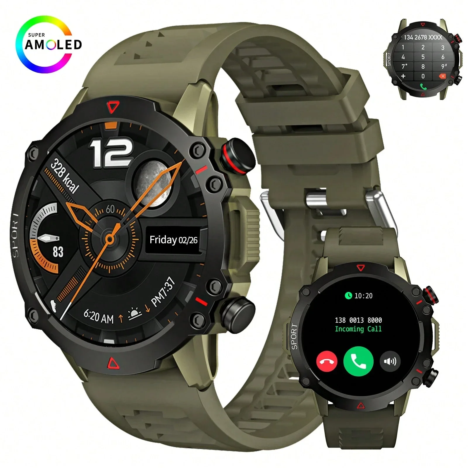 AMOLED SCREEN  Wireless Call, Multi-Sport Modes, Message Push, Remote Photo, Music Control, Outdoor Fitness Tracker|Sporty
