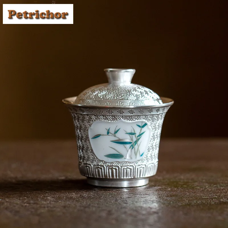 

120ml Handmade Gilded Silver Window Bamboo Rhyme Gaiwan Retro Tea Tureen Tea Bowl With Lid Kit Tea Making Cover Bowl Teaset Gift