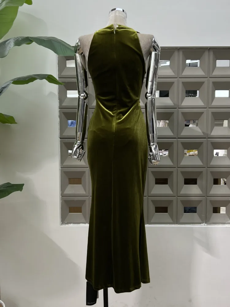 DFDG المرأة المخملية فستان ماكسي ريترو ثنيات الرقبة بلا أكمام Ruched الخصر الأزهار خمر ألف خط فستان طويل 2025 الربيع الصيف #4