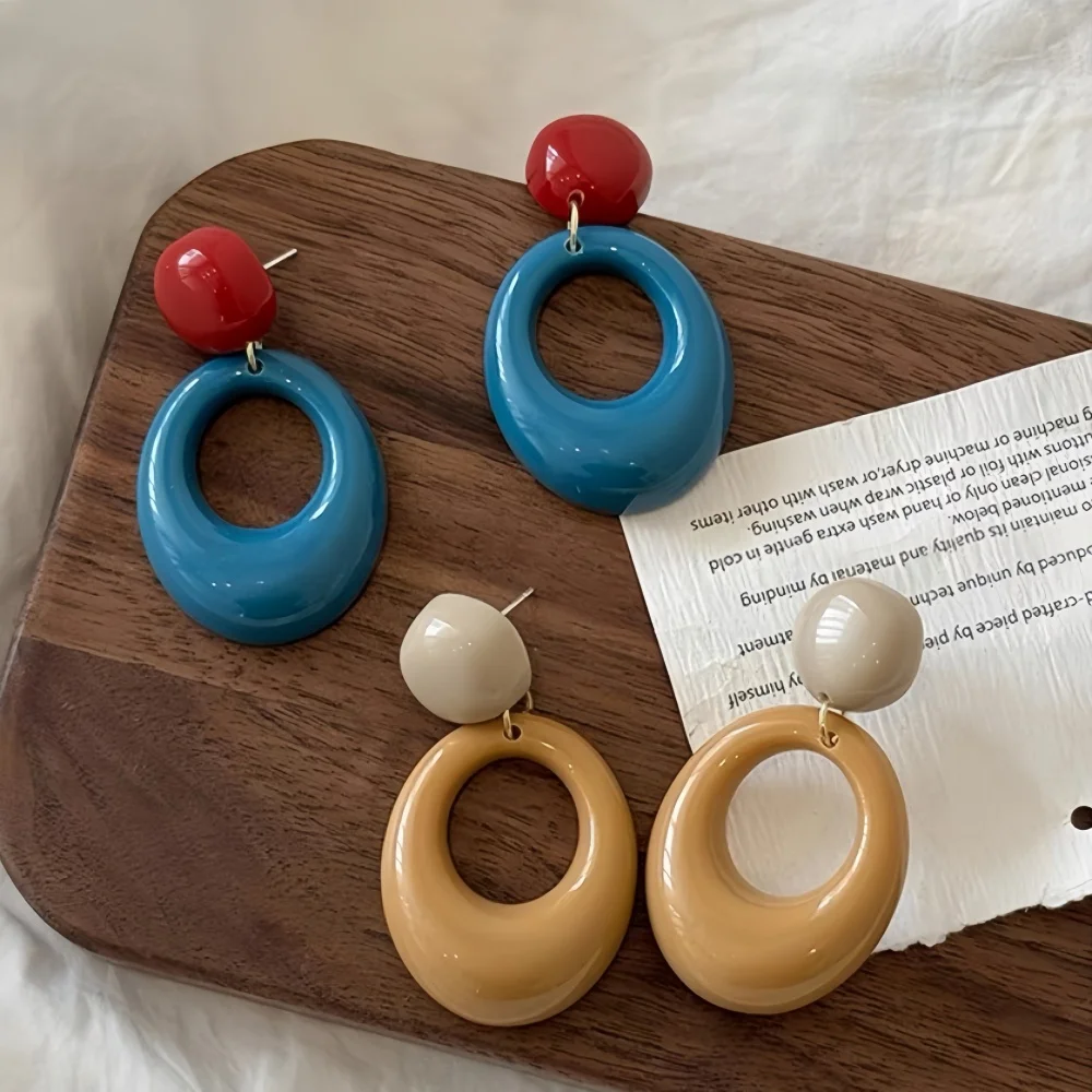 Retro Geometric Oval Color Acrylic Drop Earrings Trend Mixed Color Round Earring For Women Fashion Party Jewelry