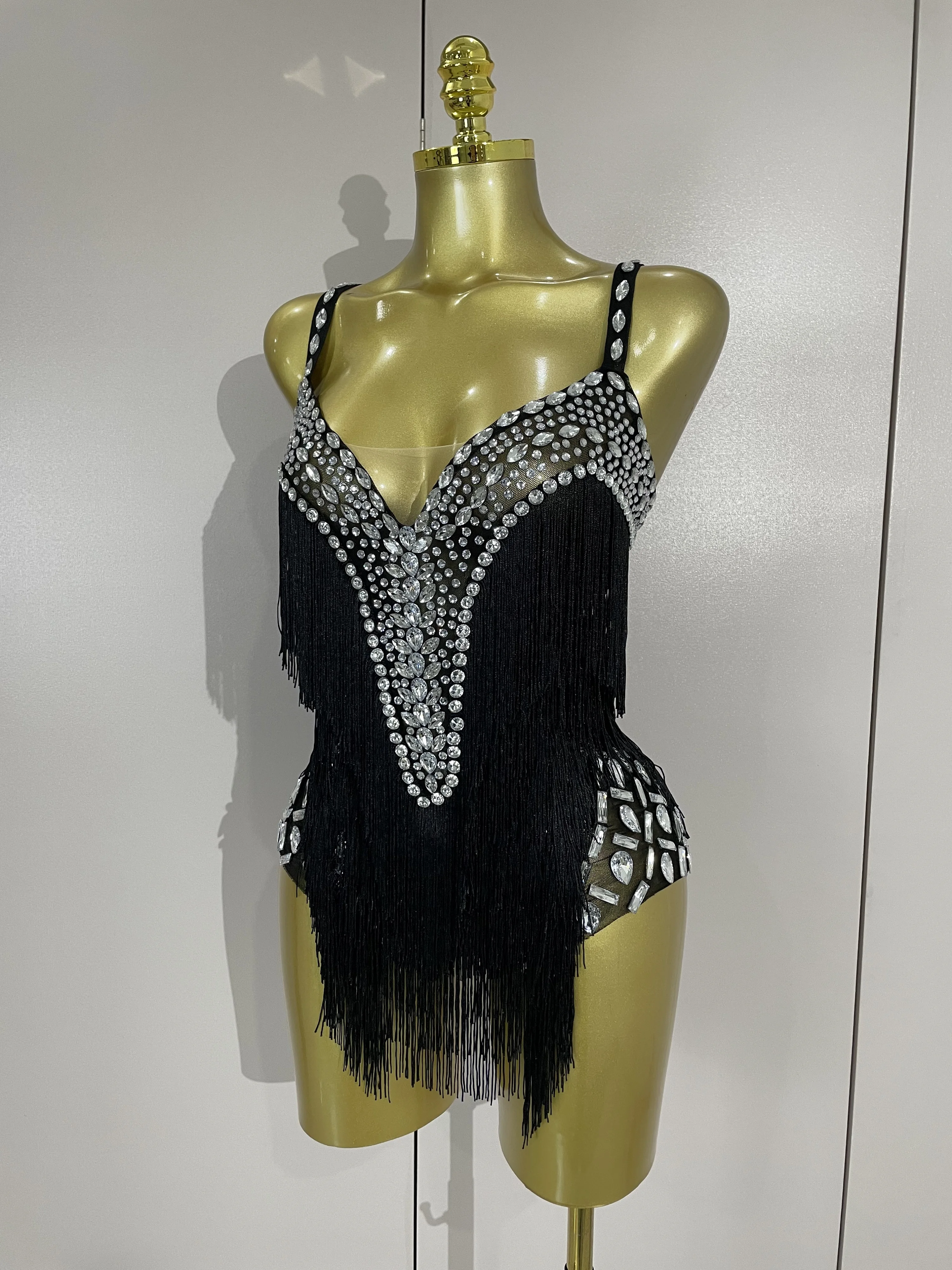 

Sexy Sparkly Rhinestones Tassels Black V Neck Mesh Bodysuit Women Eveing Party Nightclub Performance Dancer Show Stage Costumes