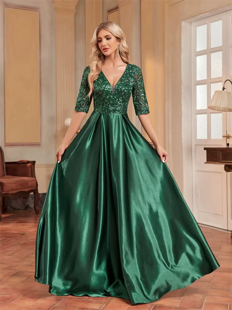 Luxury Short Sleeve Green Satin V-Neck Evening Dress Women Sequin elegant Party Prom Floor Lenght Cocktail Graduation Gowns