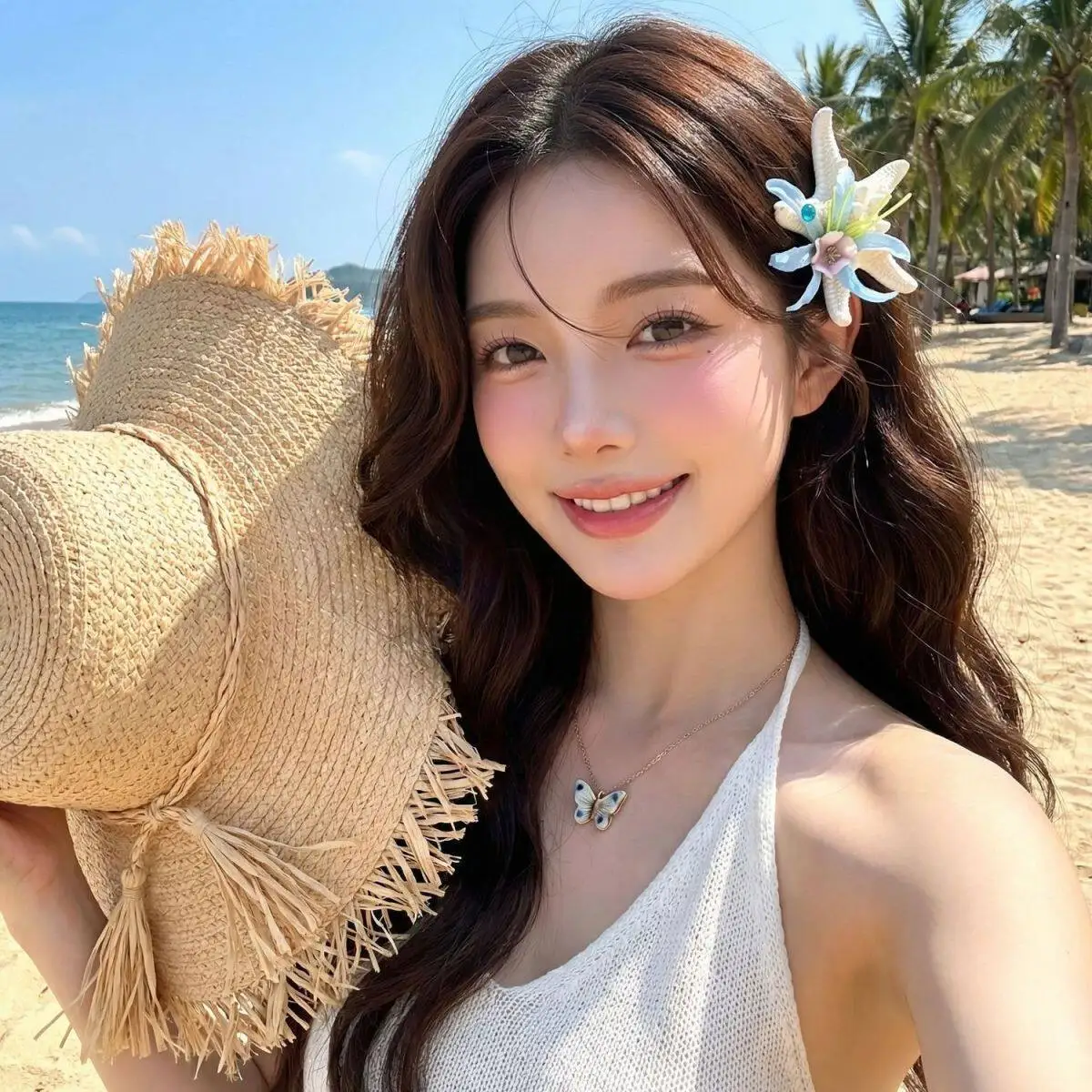 Women'S Floral Hair Clip, Starfish And Shell Artificial Floral Hair Clip, Adorable Summer Tropical Flower Hair Accessory