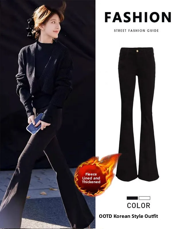 

American Sle Fce Lined Thiened Slimming Bla Bell Bot Jeans Women's Autumn Winter High Waist Bootcut Trousers