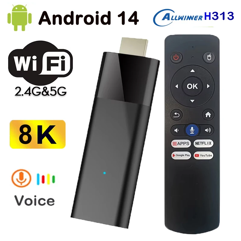 أندرويد 14 TV Stick Allwinner H313 رباعي النواة صندوق التلفزيون الذكي ثنائي النطاق 2.4G/5G WiFi Global HD Streaming Set Top Box Media Player