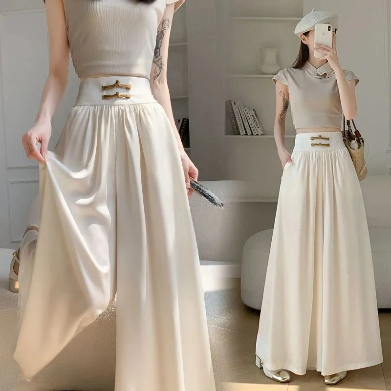 

New Chinese Style Wide Leg Pants Ice Silk Spring Summer Casual High Waist Women's Trousers Floor Length Cotton Blend Fabric
