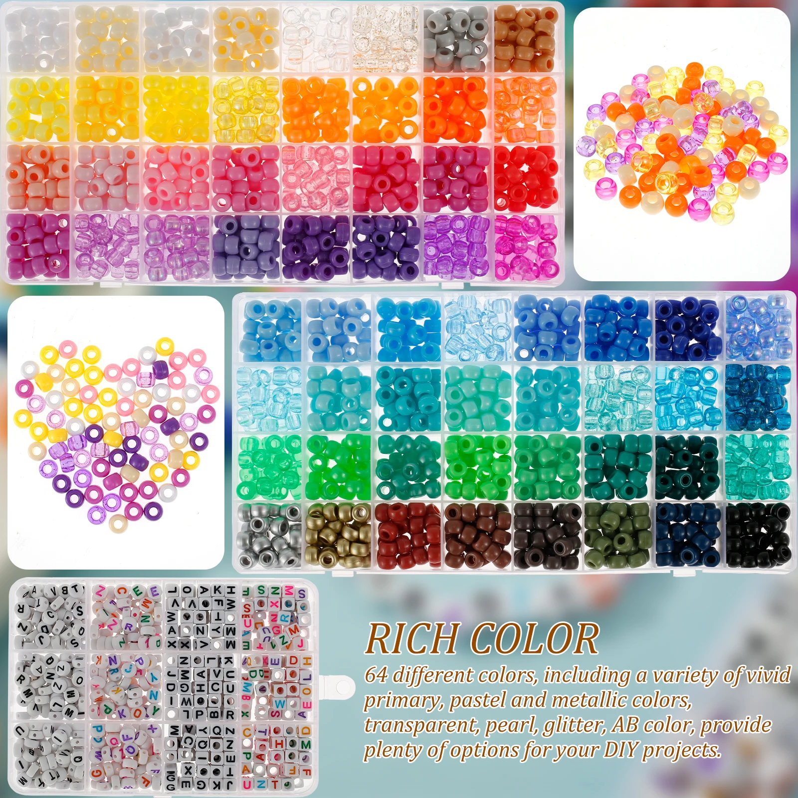 1190pcs Pony Beads,Friendship Bracelet Making Kit,64 Colors Kandi Beads Set Plastic Rainbow Bulk with 375pcs Letter Beads DIY