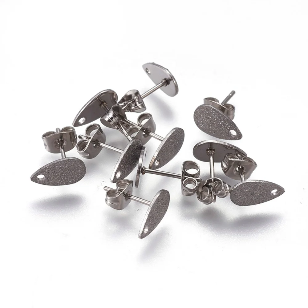 

304 Stainless Steel Stud Earring Findings Textured Teardrop Stainless Steel Color 10x6x0.7mm Hole: 1.2mm Pin: 0.7mm