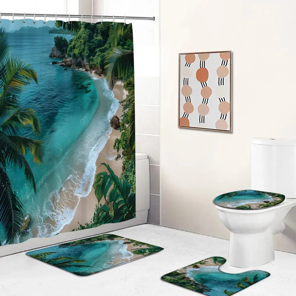 Nature Landscape Shower Curtain Set Forest Stream Floral Bathroom Decor Scenery Home Carpet Flannel Bath Mat Toilet Lid Cover