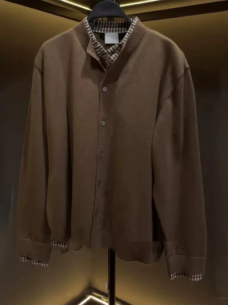 

Retro Sle Knitted Stand Collar Men's Sweater Plaid Splicing Brown High-End Feeling Spring New Arrival Busin Casual