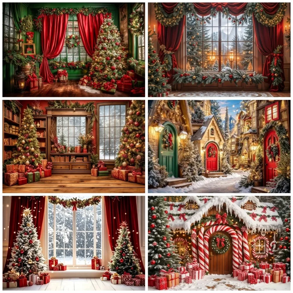Christmas Tree Gift, Red Curtains, Snow Themed Banner Background, Birthday Party, Home Decoration, Photography Background Cloth