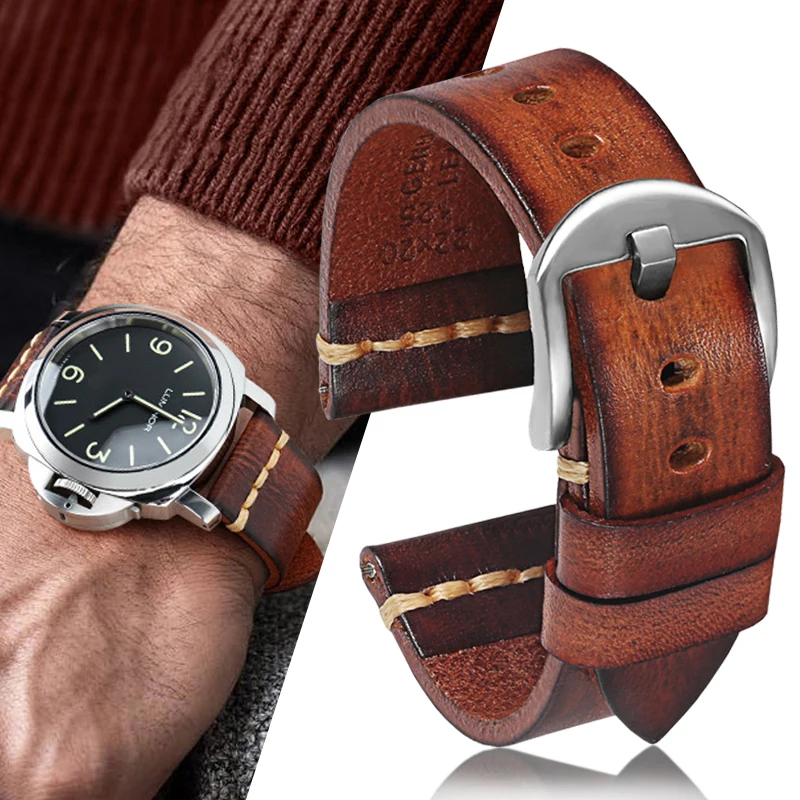 20mm 22mm 24mm Handmade Leather Watch Strap for the Panerai Tudor Rudder Biwan Bronze Breitling Italian Cowhide Watch Band