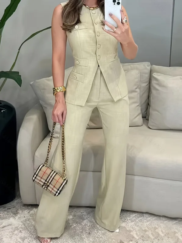 

Women's Suit Vest Pants Elegant V-neck Single Breasted Sleeveless Pockets Top High Waist Straight Pants Sets Summer Lady Outfits