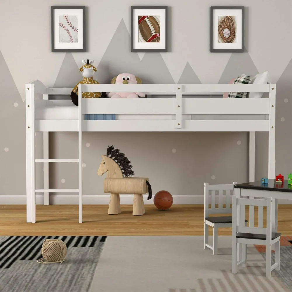 Twin Loft Bed, Solid Wood Low Loft Bed w/Guard Rail and Ladder, Boys & Girls Twin Bed for Kids Room, No Box Spring Needed