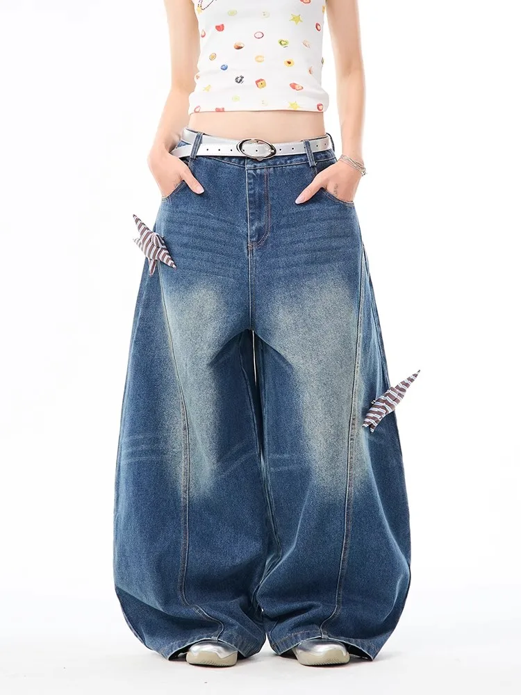 

Retro American Waed Star Patched Lazy Loose Wide Leg Jeans Men Women Casual Sle Knife Denim Blue Color All Seasons
