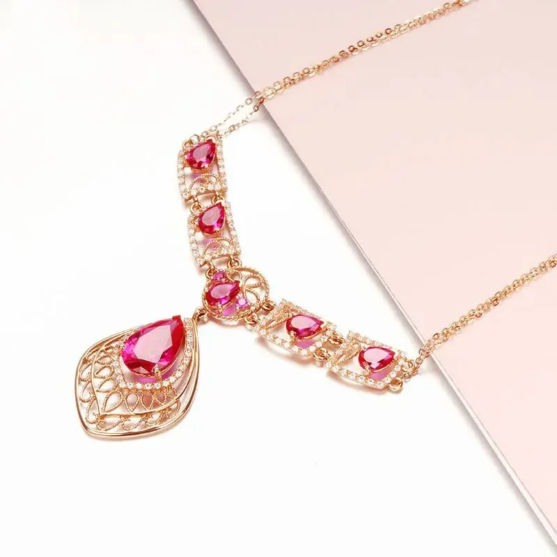 Classic 585 Purple Gold Inlaid Water Drop Ruby Necklace Aesthetics Fashion Vintage Plated 14K Rose Gold Luxury Women's Jewelry