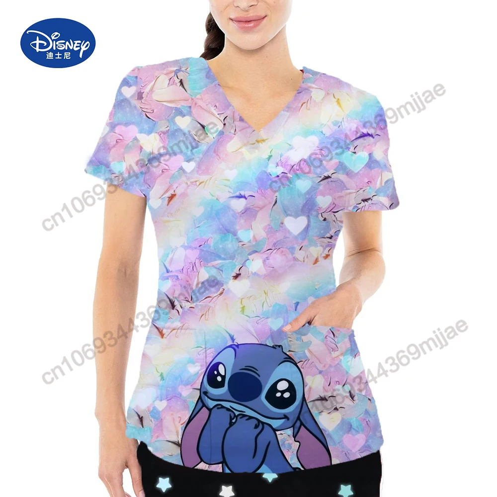 New Cartoon Y2k V-neck Design Women's T-shirts Free Shipping Large Pocket Female Tops Summer Short Sleeves Clothes Free Shipping