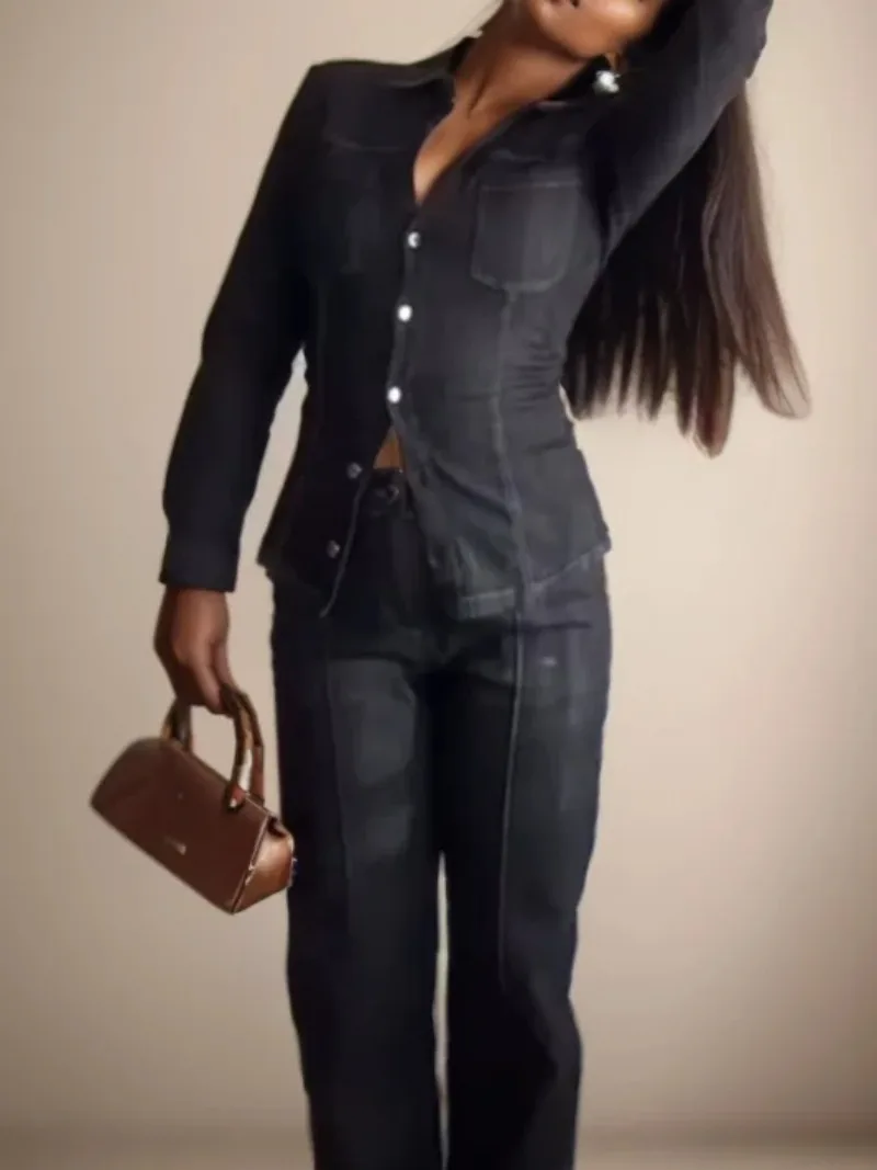 

Top-line Decorated Long-sleeve Pocket Single-breasted V-neck Pleated Slim-fit Shirt Jacket Casual Pants Women Denim Pants Suit