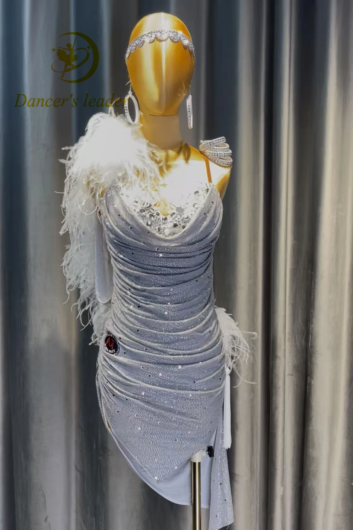 

Latin Dancer Adult Children High-End Customized Angel White Ostrich Feather Tango Samba AB Stone Performance Dress