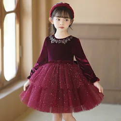 Spring and Autumn Girls' New Style Diamond Star Mesh Long Sleeve Wine Red Princess Dress Christmas and New Year Dress