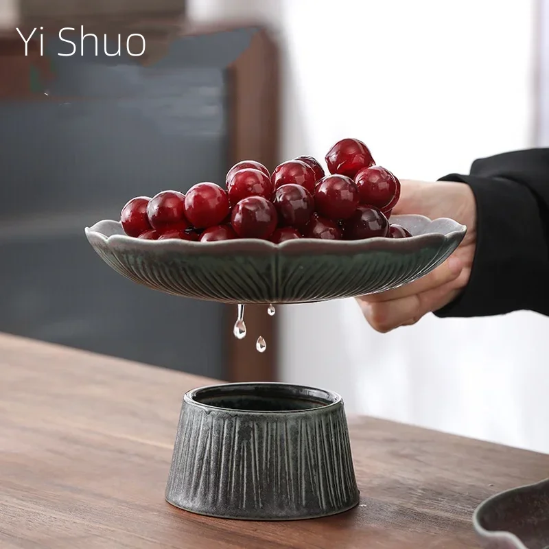 Draining Ceramic Fruit Plate Japanese Style Large Lotus Tea Cake Tray High Foot High Foot Snack Plate for Buddha Fruit Dish