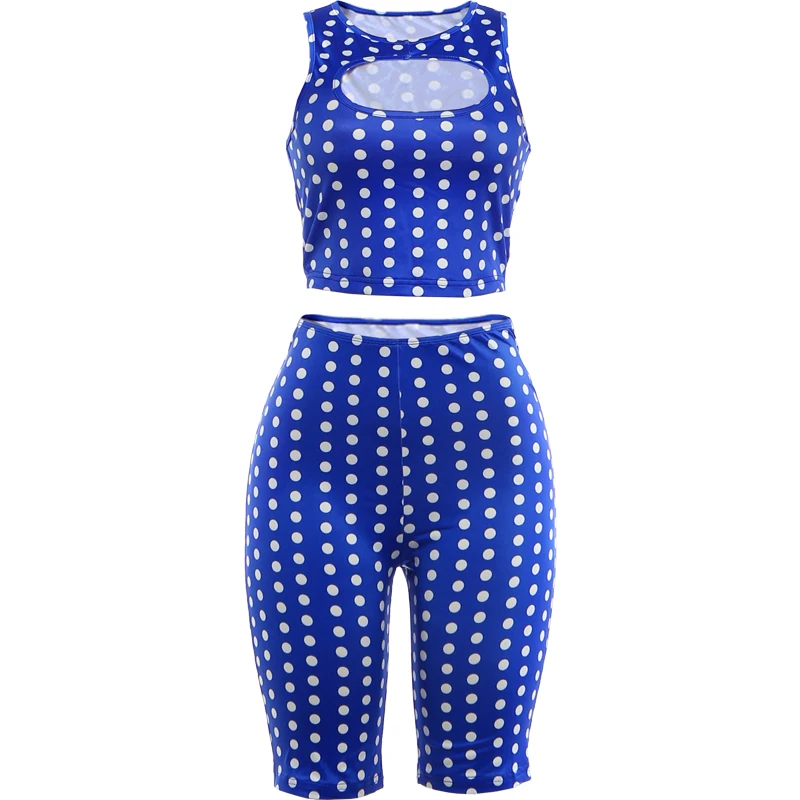 Sisterlinda Chic Sexy Hollow 2-teiliges Set Damen Polka-Dot-Print O-Ausschnitt Crop-Tops + Skinny Stretch-Shorts Hot Girl High Street Anzug – Detail 2