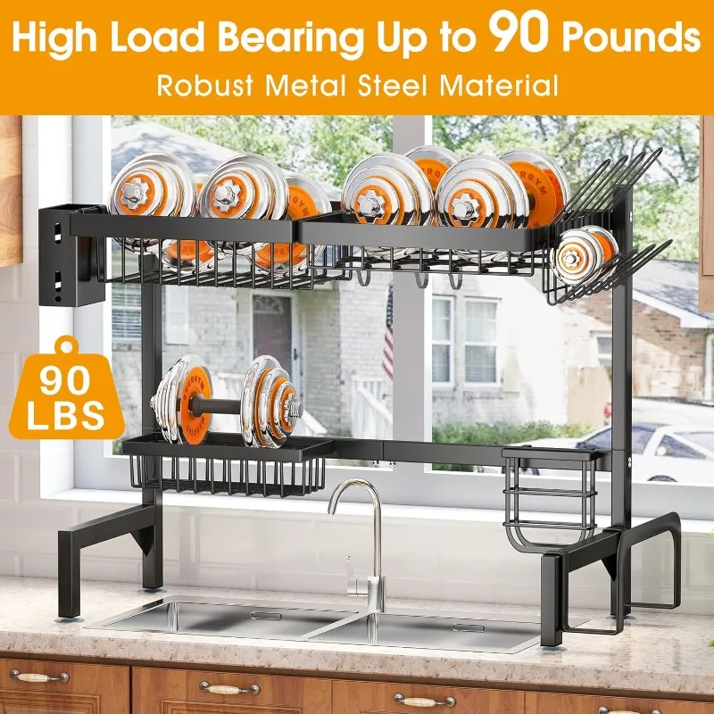 Over The Sink Dish Drainer Drying Rack - Expandable (26.8" to 34.6" W) Large Metal Dish Rack for Kitchen Counter, Kitchen